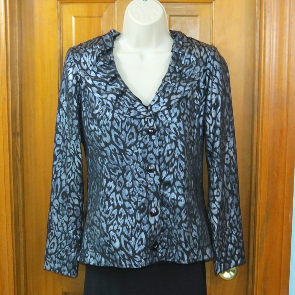Artex Silver & Black Unlined Jacket/Top Ruffled Collar Evening Cocktail Size Sm